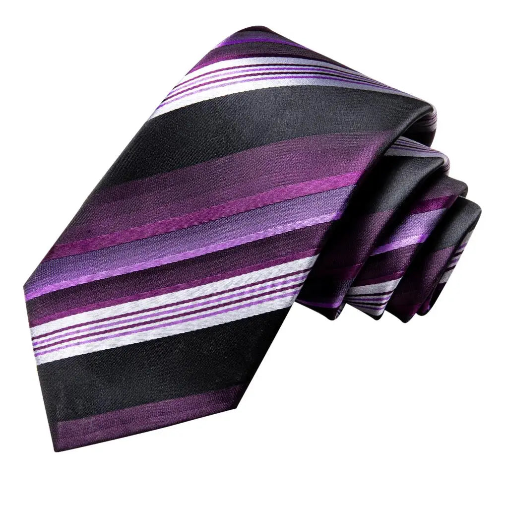 Hi-Tie Silk Striped Purple White Necktie Set with Brooch Silk Necktie Set Qme