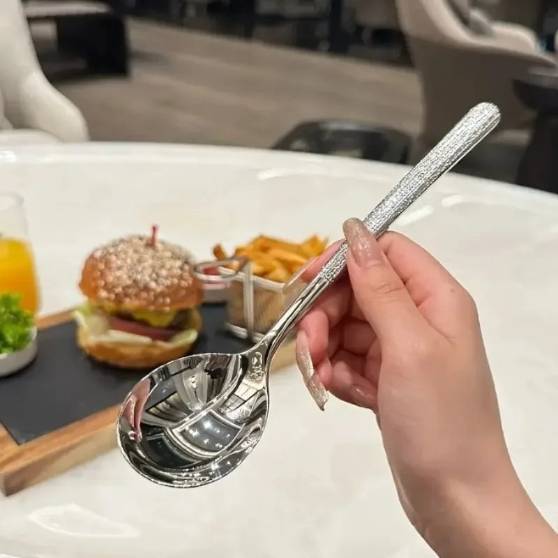 Hammered Stainless Steel Long Handle Spoons – Set of 8 Flatware Spoon Set Qme