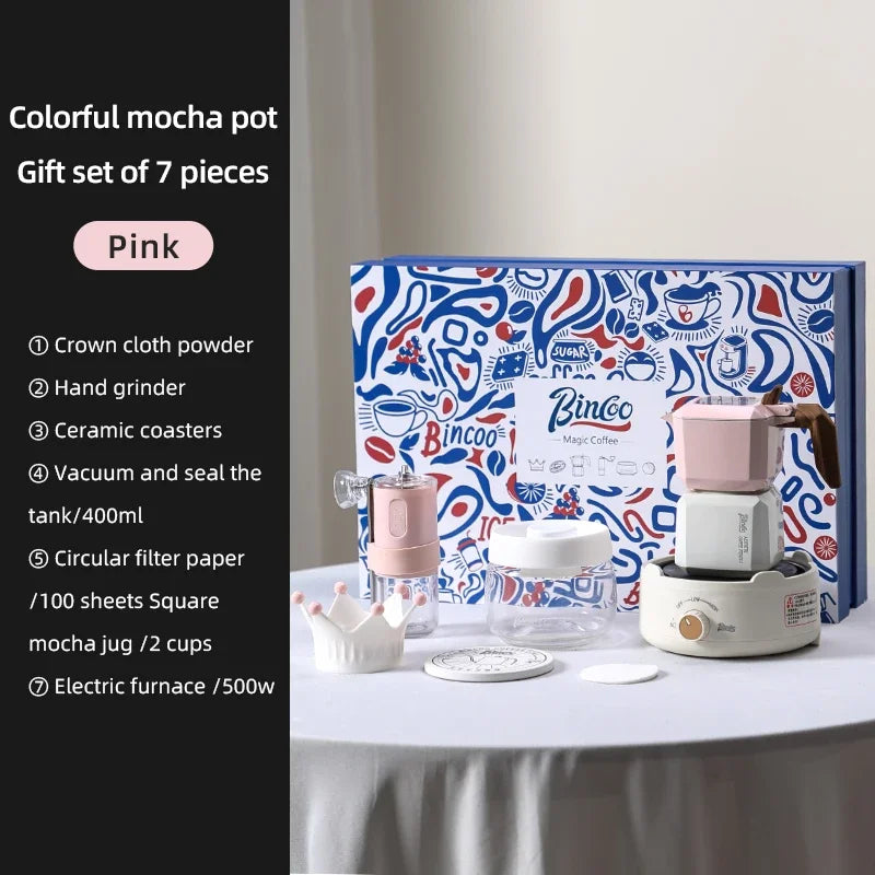 Bincoo Dual Valve Square Moka Pot Espresso Gift Set 220V Moka Pot Set Qst Pink set