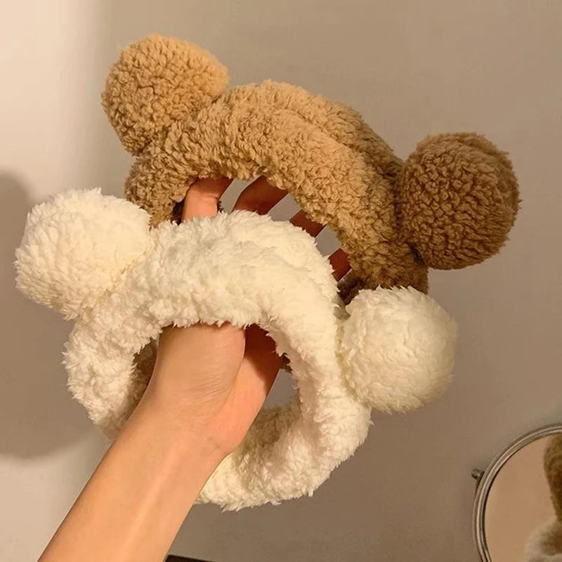 Cute Bear Ear Plush Wide Headband for Makeup & Face Wash Plush Hair Headband Qst