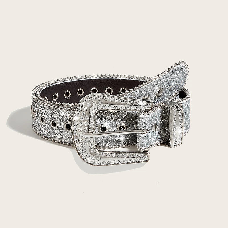 Rhinestone Buckle Belt – Punk Gothic PU Leather Waist Strap Fashion Belt Qst Silver