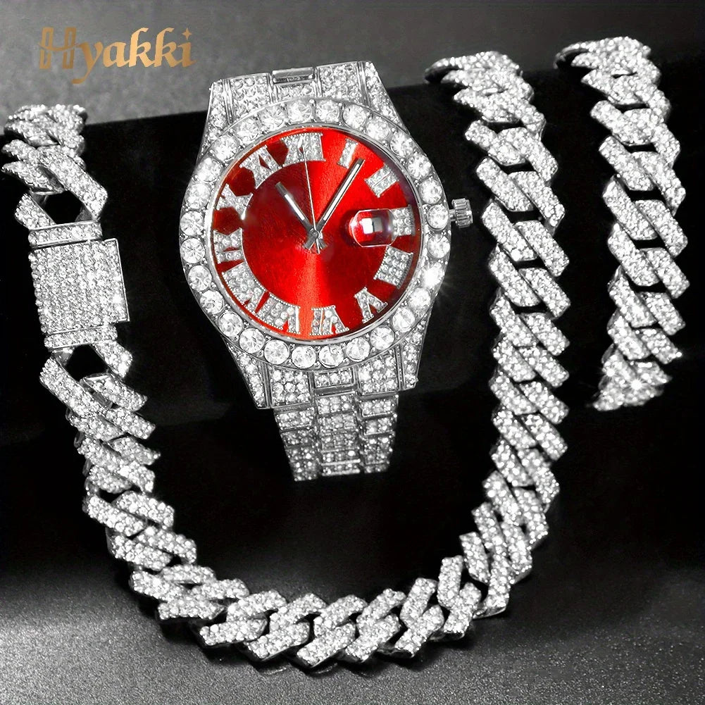 Rhinestone Hip Hop Cuban Chain Wrist Watch Set – 6 Colors Hip Hop Watch Set Qme