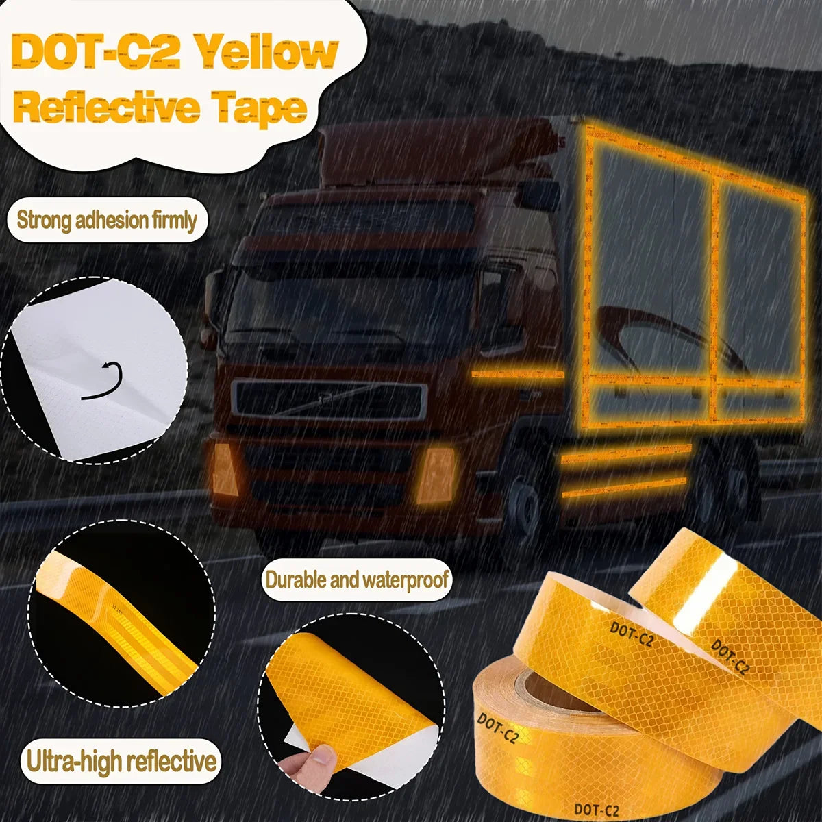 Yellow DOT-C2 Reflective Safety Tape – Cars, Trucks & Trailers Reflective Safety Tape Qme