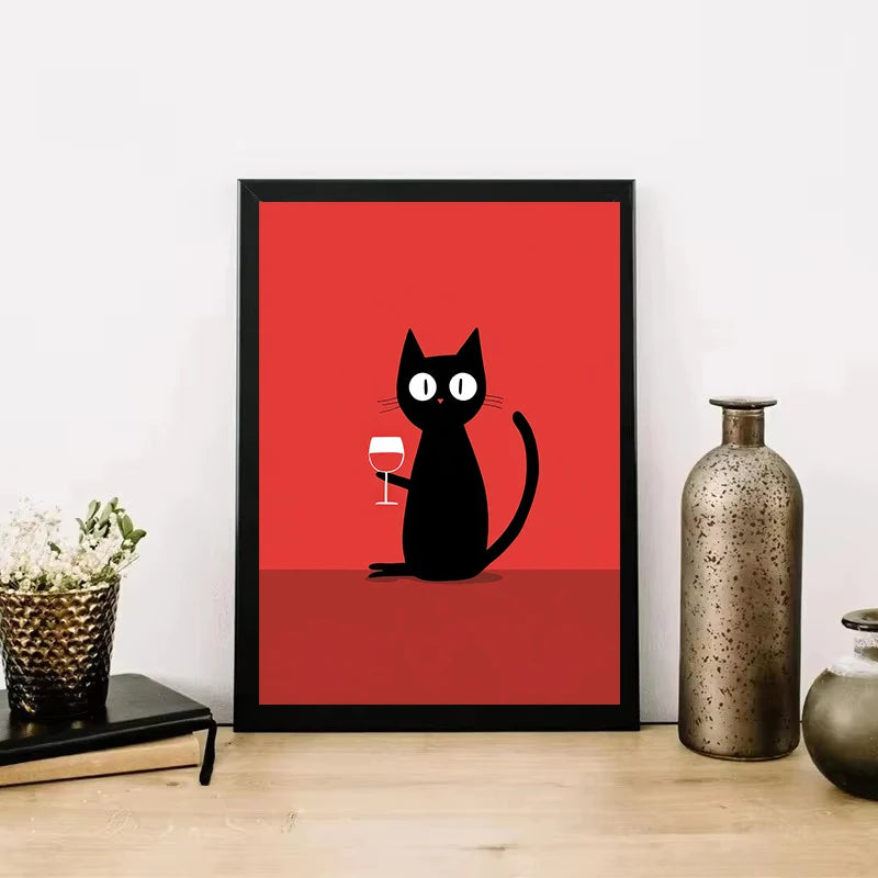 Black Cat Wine Canvas Wall Art – Modern Kitchen Decor Print Canvas Wall Art Qst