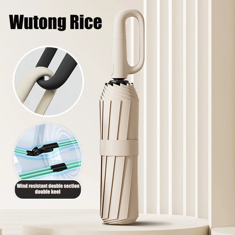 Oversized Windproof UV Auto Folding Umbrella – Rain & Sun Folding Umbrella Qst Wutong Rice 16K