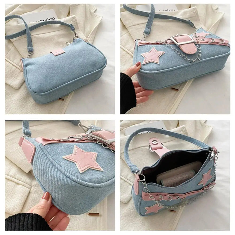Women's Denim Stars Underarm Shoulder Bag – Trendy Handbag Underarm Shoulder Bag Qme