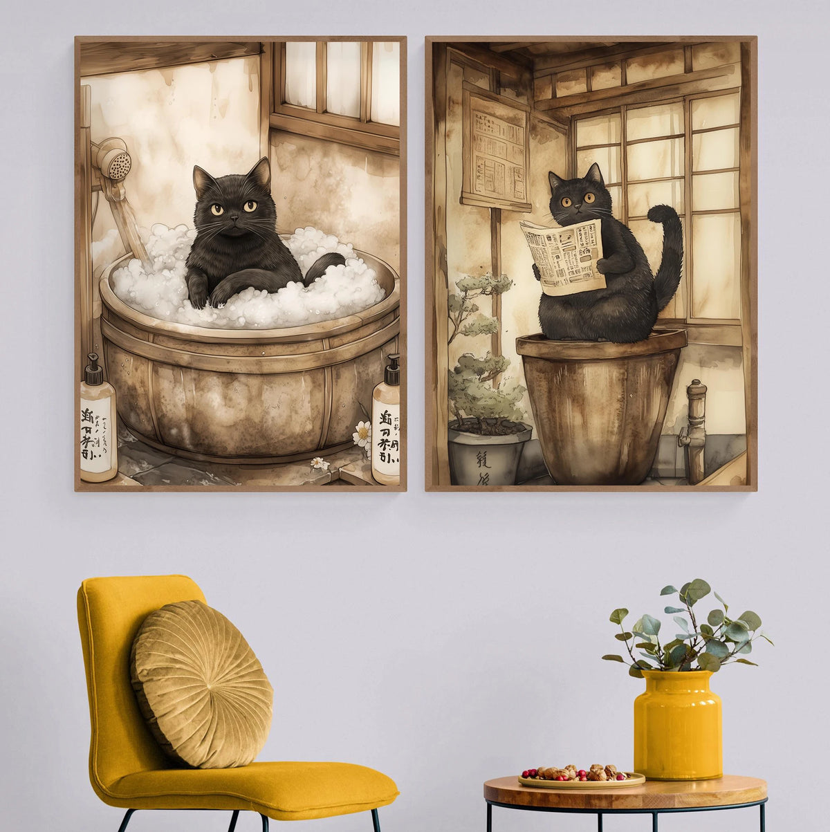 Japanese Black Cat Moon Canvas Wall Art – Retro Cartoon Poster Canvas Wall Art Qst
