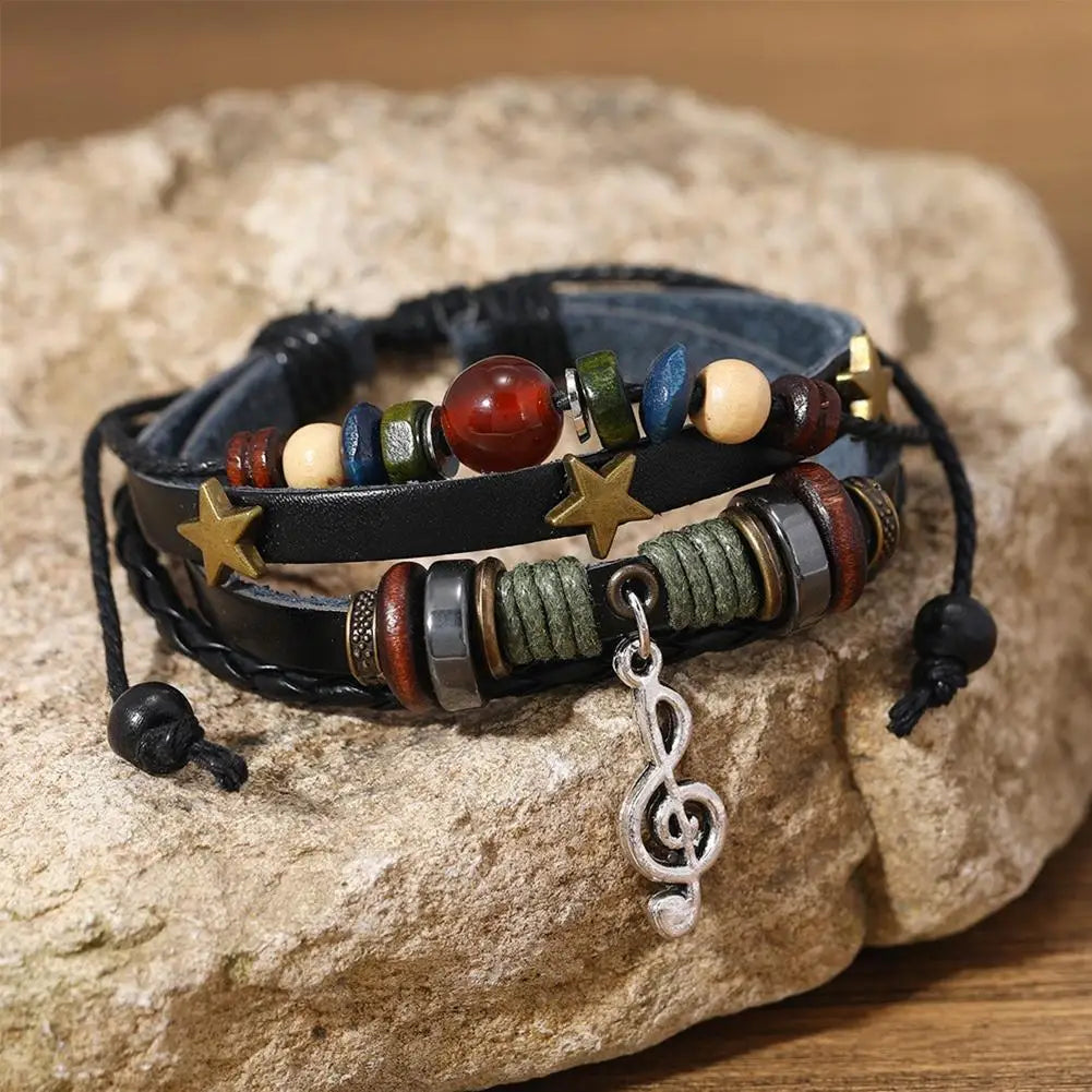 Handmade Hippie Brown Leather Bracelet – Metal Star Charm Leather Bracelet Qme