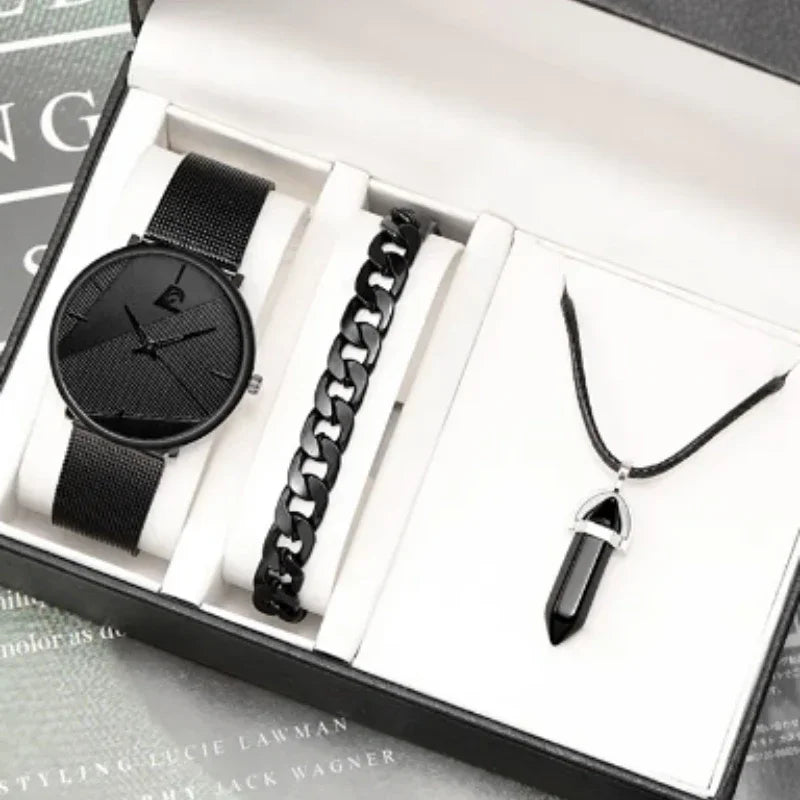 Minimalist Men's Mesh Belt Quartz Watch | Business Casual Men's Quartz Watch Qme Black set