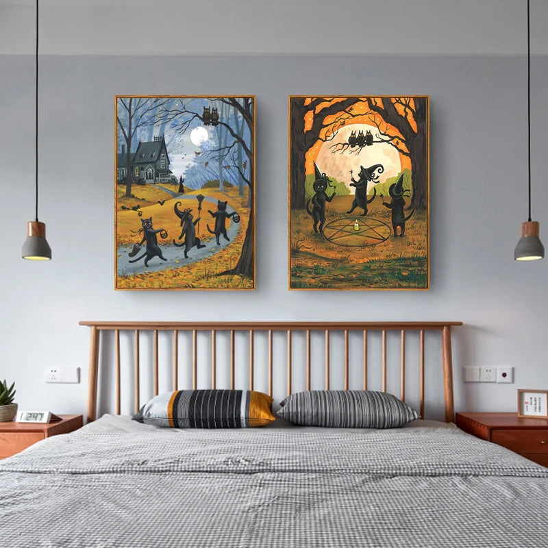 Halloween Black Cat Witch Owl Vintage Canvas Wall Art Poster Canvas Wall Art Qst