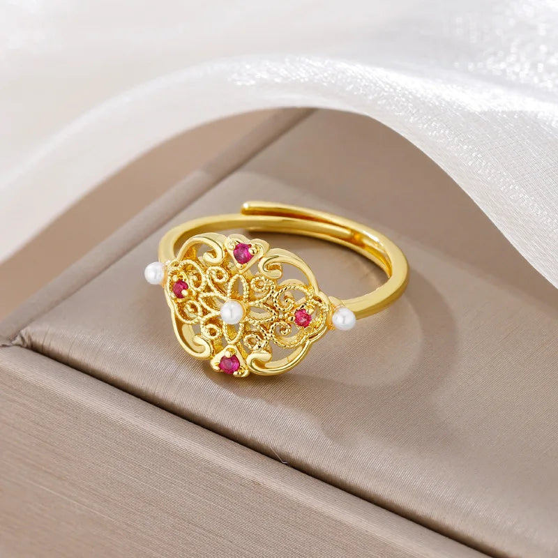 Chinese Retro Palace Adjustable Ring – Elegant Metal Jewelry Adjustable Fashion Ring Qme Gold