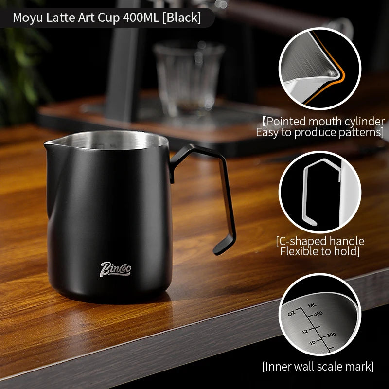 Bincoo Milk Frothing Pitcher Sharp Spout 400ml/600ml Stainless Steel Milk Frothing Pitcher Qst Black 400ml