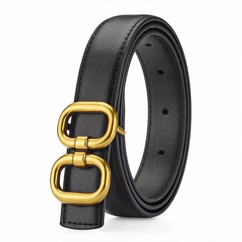 Women's Metal Double Ring PU Belt – Casual Versatile Fashion Fashion Belt Qst black 110cm