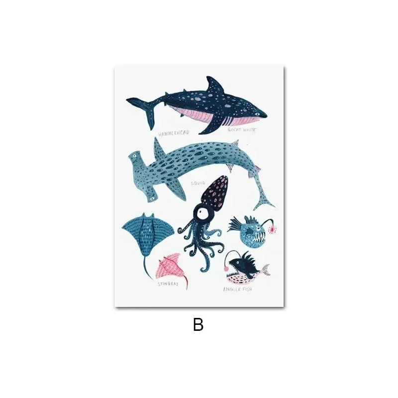 Nordic Ocean Sea Creatures Canvas Wall Art – Whale Starfish Print Canvas Wall Art Qst P4 20x30cm Unframed