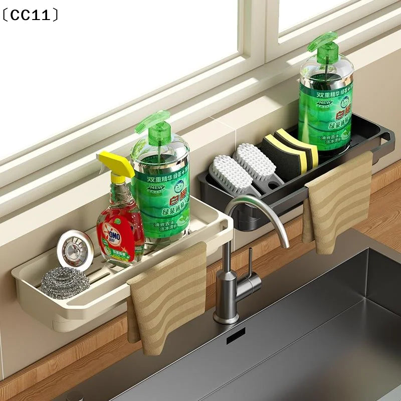 No-Drill Sink Caddy Sponge Rack & Dish Soap Towel Bar Sink Caddy Organizer Qme