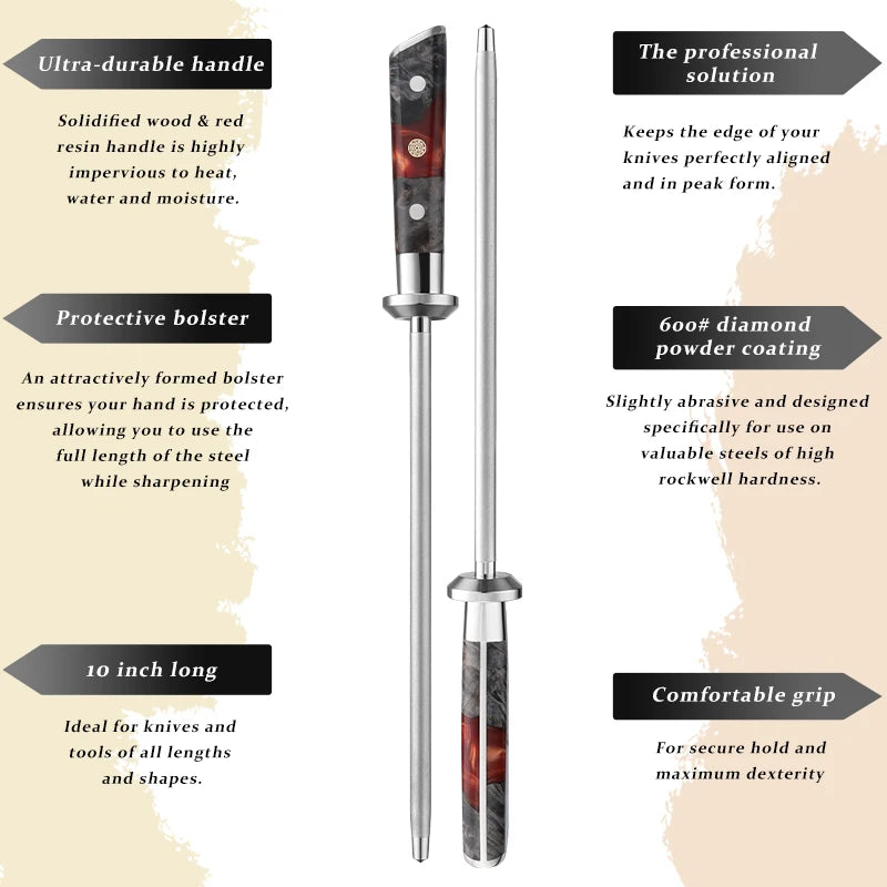 10" Diamond Knife Sharpening Rod – 600 Grit Professional Stick Knife Sharpening Rod Qst