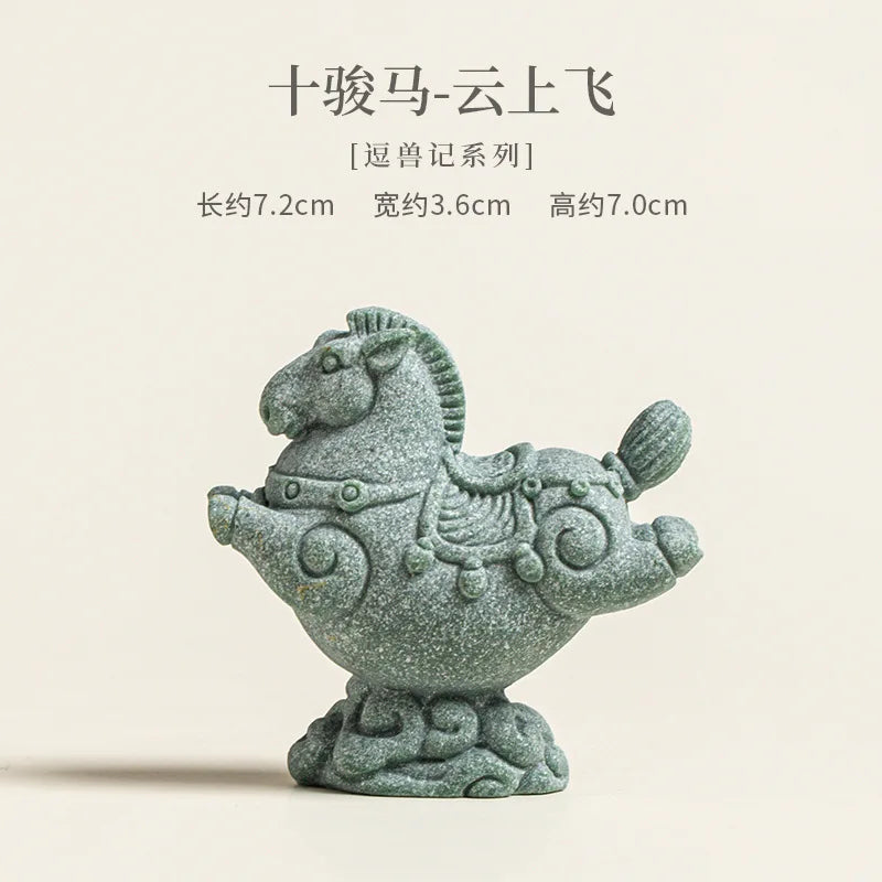 Flying Horse Green Sandstone Tea Pet Figurine – Wealth & Luck Decorative Figurine Qme light green