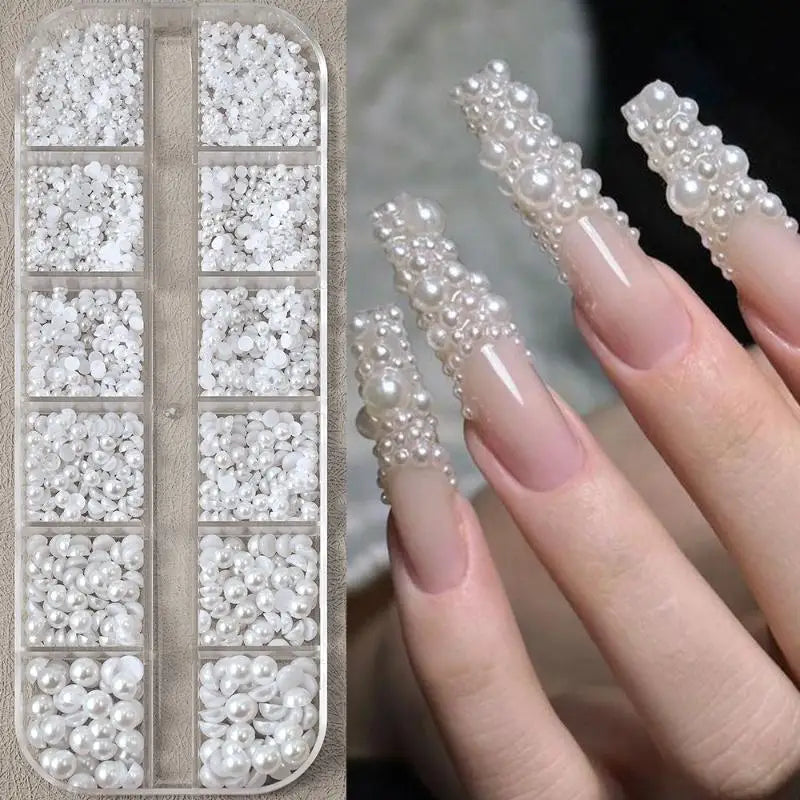Half Round Pearl Nail Charms – 12-Grid Flatback Bead Set Nail Art Charms Qme
