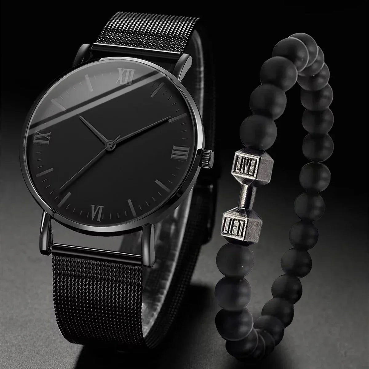Men's Roman Quartz Watch & Mesh Bracelet Set – 2 Piece Watch & Bracelet Set Qme black