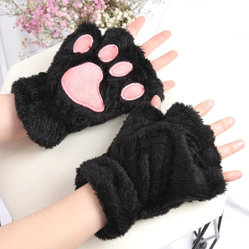 Women's Plush Cat Claw Gloves – Cute Bear Paw Fingerless Mittens Fingerless Novelty Gloves Qme black One Size