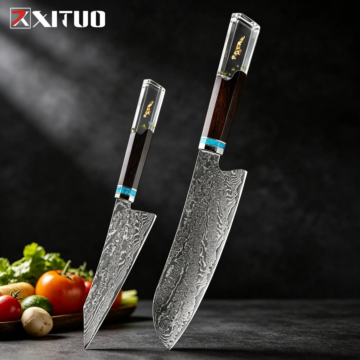XITUO 6-Piece Damascus Steel Kitchen Knife Set – Resin Handle Kitchen Knife Set Qst 2PCS Knife 3