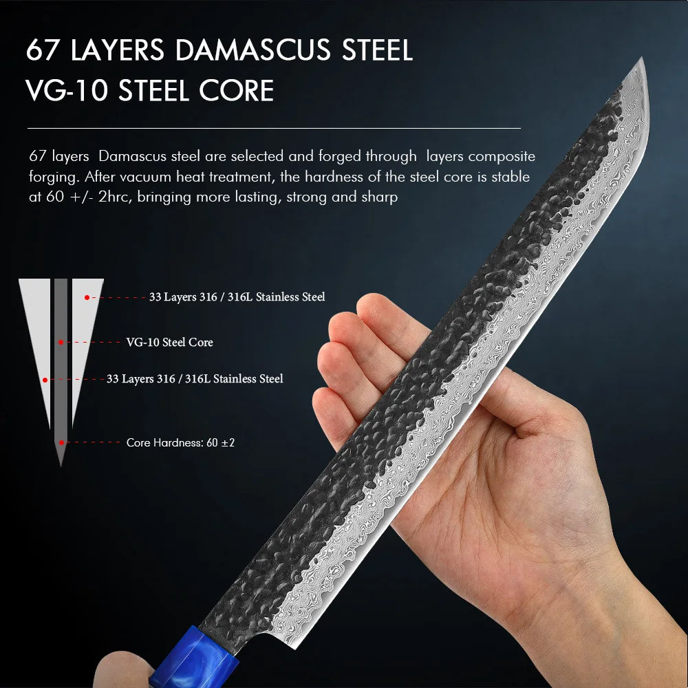TURWHO Damascus Steel Sashimi Slicing Knife 10.5" DIY Handle Damascus Kitchen Knife Qst