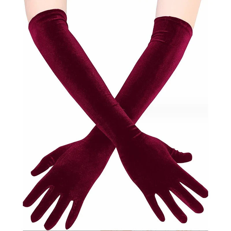 Women's Velvet Long Evening Gloves | Retro Banquet Mittens Evening Gloves Qme Burgundy one size