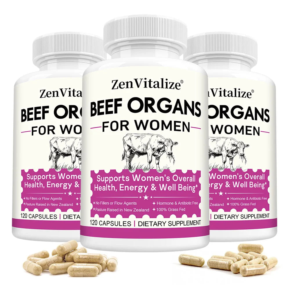 ZENVITALIZE Grass-Fed Beef Liver Capsules for Women 120ct Organ Supplement Capsules Qst 120 count-3 bottle