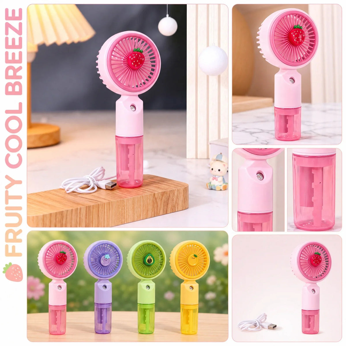 Cute Cartoon Fruit Handheld Misting Fan | 3 Speed Settings Handheld Misting Fan Qme