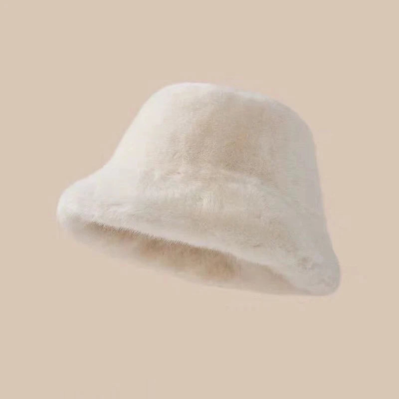 Women's Winter Plush Bucket Hat – Fluffy Windproof Fisherman Cap Winter Bucket Hat Qst Beige