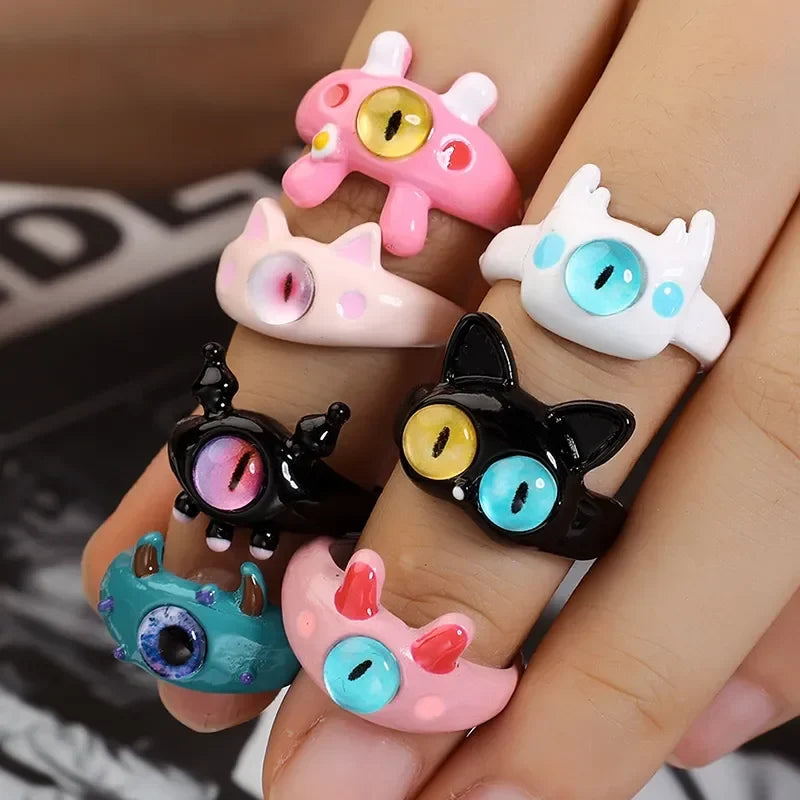 Cute Cartoon Cat Monster Resin Open Ring – Fun Statement Jewelry Novelty Fashion Ring Qme