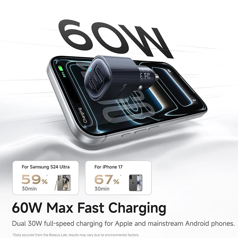 Baseus 30W USB-C PD Car Charger Dual Port Fast Charging Car Phone Charger Qst