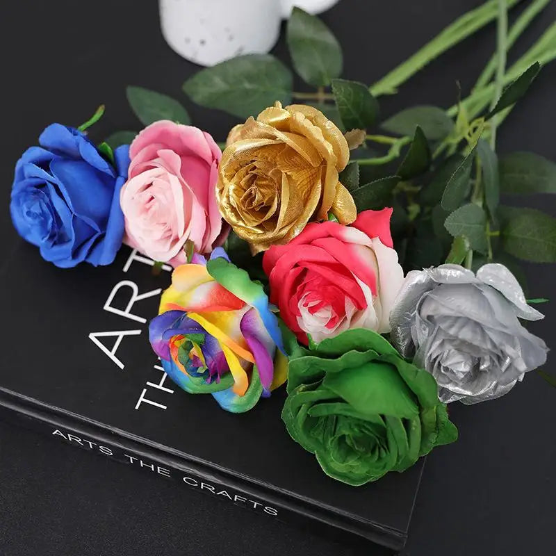 Colorful Realistic Touch Artificial Rainbow Roses | 7 Colors Artificial Flowers Qme