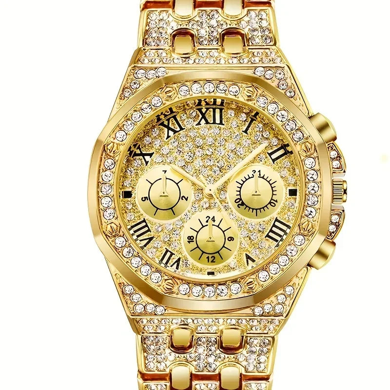 Gold Plated Diamond Chronograph Watch & Cuban Link Bracelet Set Watch & Bracelet Set Qme