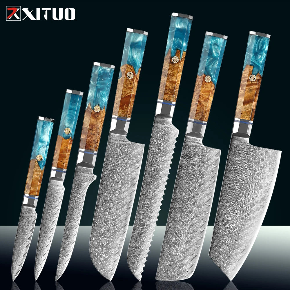 XITUO Damascus Steel Kitchen Knife Set – Blue Resin Handle Kitchen Knife Set Qst