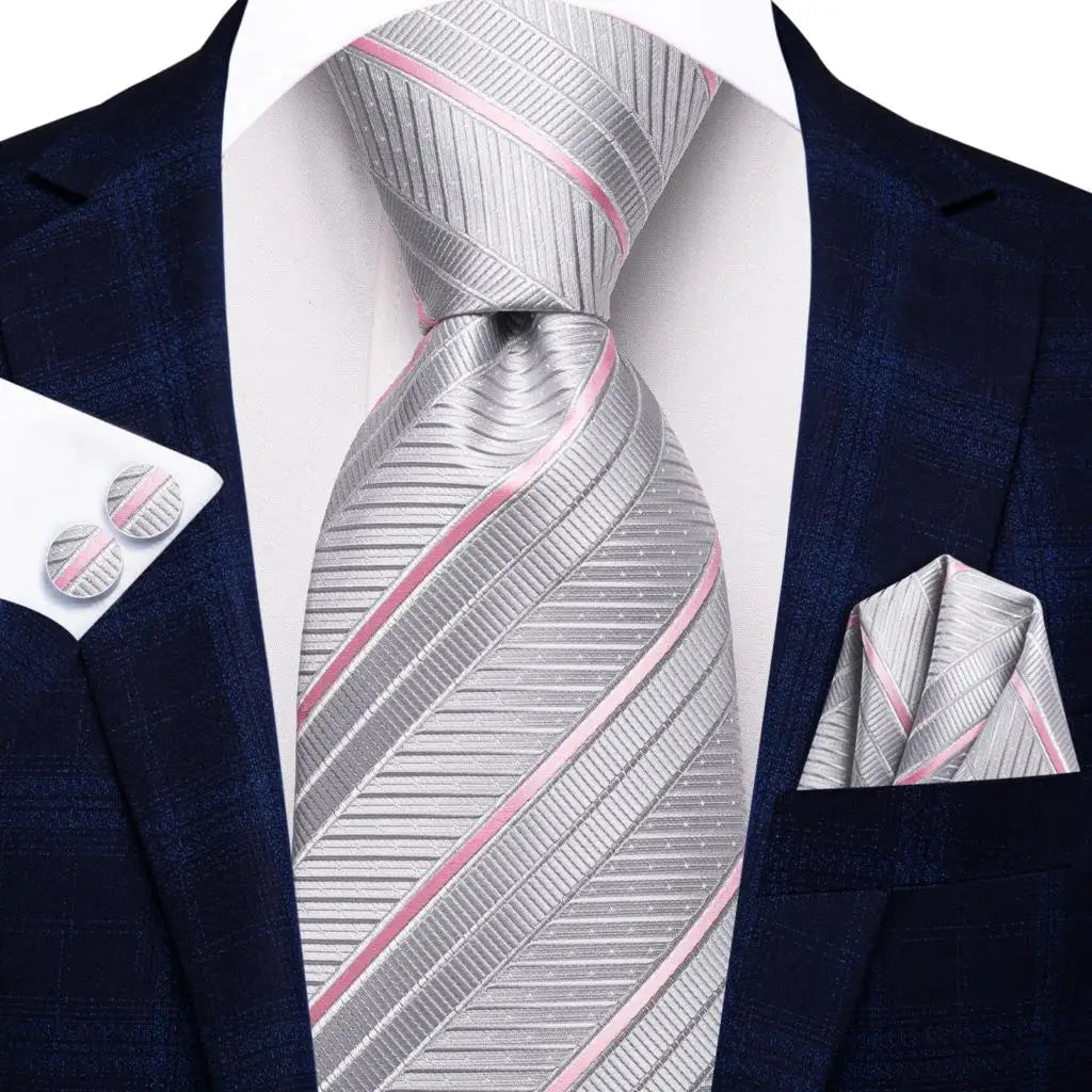 Hi-Tie Purple Silver Striped Silk Necktie – Men's Wedding Tie Silk Necktie Qme SN-3701