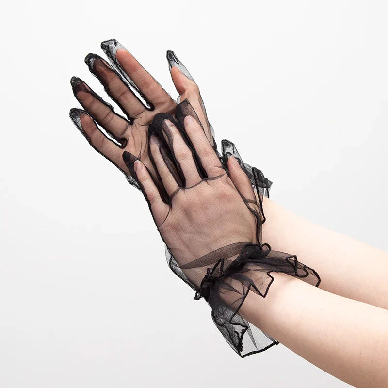 Women's Black Lace Gloves – Sheer Tulle Wedding & Bridal Lace Fashion Gloves Qme