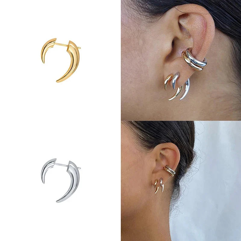 Boho Horn Stud Earrings | Gold & Silver Moon Punk Jewelry Stud Earrings Qme