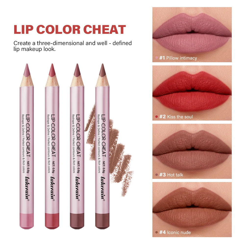 Lakerain 4-Color Waterproof Matte Lipliner Pencil – Long-Lasting Lip Liner Pencil Qst