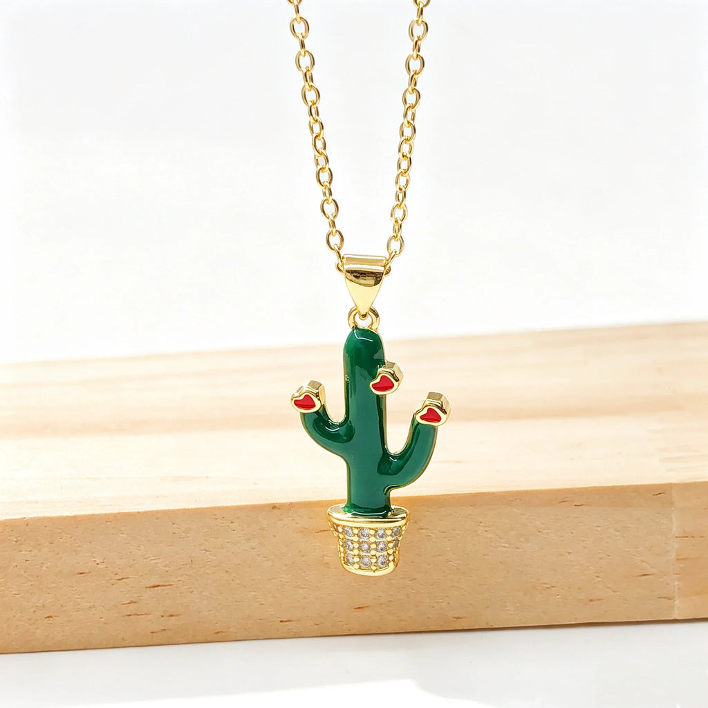 Gold Plated Multicolor Zircon Enamel Cactus Pendant Necklace Pendant Necklace Qme 7