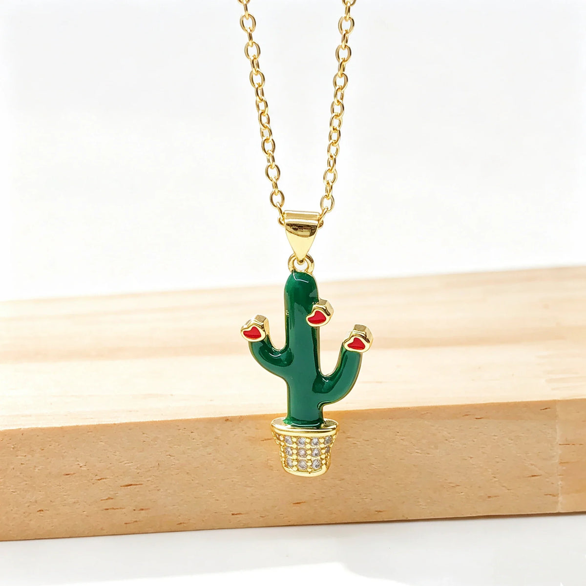 Gold Plated Multicolor Zircon Enamel Cactus Pendant Necklace Pendant Necklace Qme 7