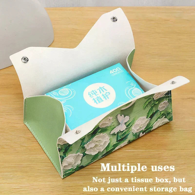 Oil Painting Flowers PU Leather Tissue Box | Decorative Tabletop Decorative Tissue Box Qme
