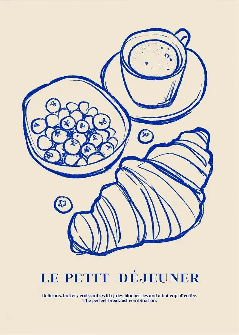 Retro Coffee Kitchen Canvas Wall Art – Mug & Croissant Poster