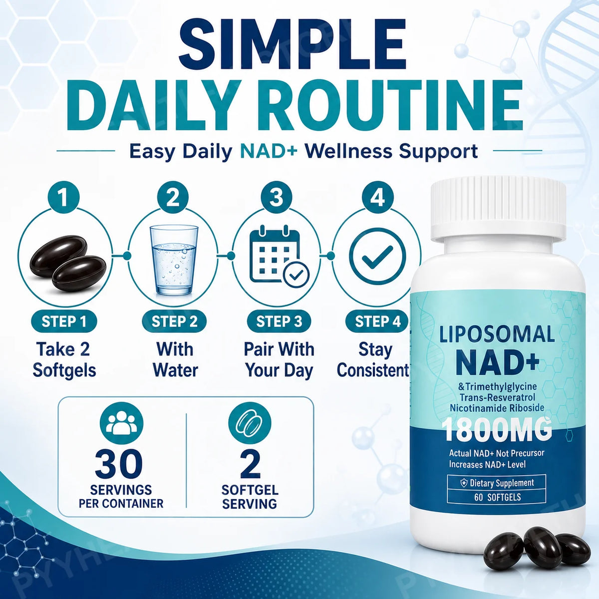 Liposomal NAD+ 1800mg with NR, Resveratrol & TMG – 60 Softgels NAD+ Supplement Qst