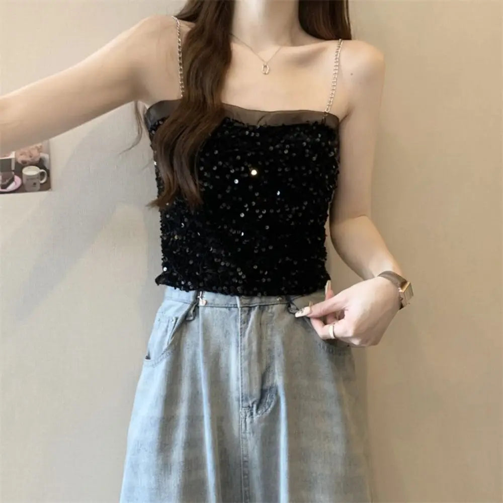 Shiny Sequin Crop Vest Top – Slim Sleeveless Party Camisole Sequin Crop Vest Qme