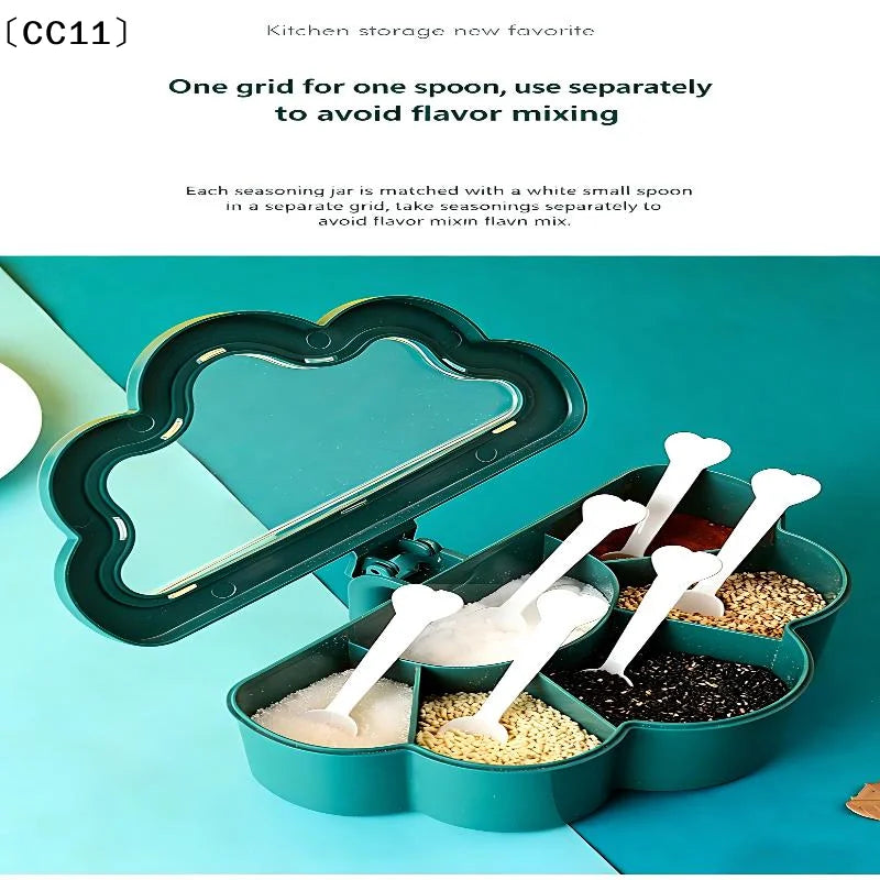 6-Grid Seasoning Box with Clear Lid & Scoops | Salt & Sugar Seasoning Storage Box Qme