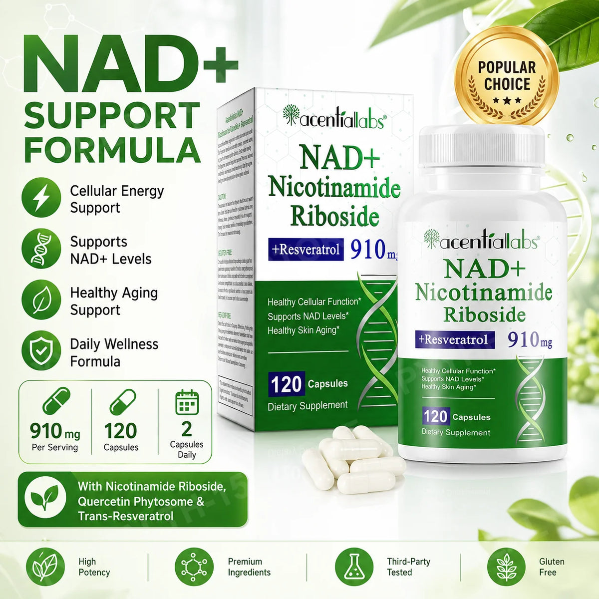 NAD+ Nicotinamide Riboside Capsules with Quercetin & Resveratrol NAD+ Supplement Capsules Qst