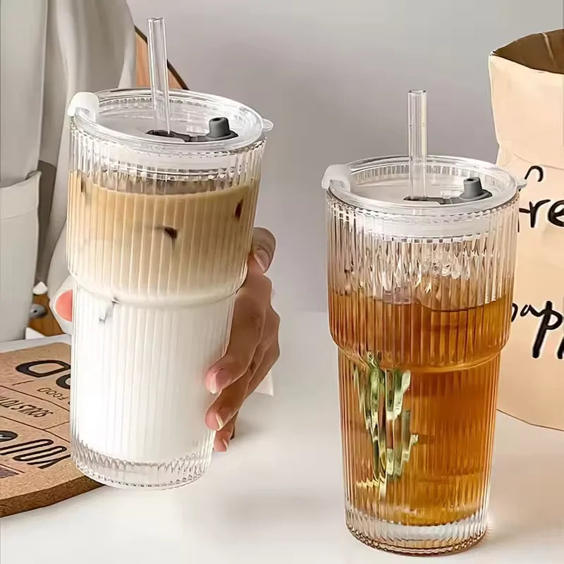 600ml Ribbed Glass Cup with Lid & Straw | Borosilicate Glass Drinkware Set Qme