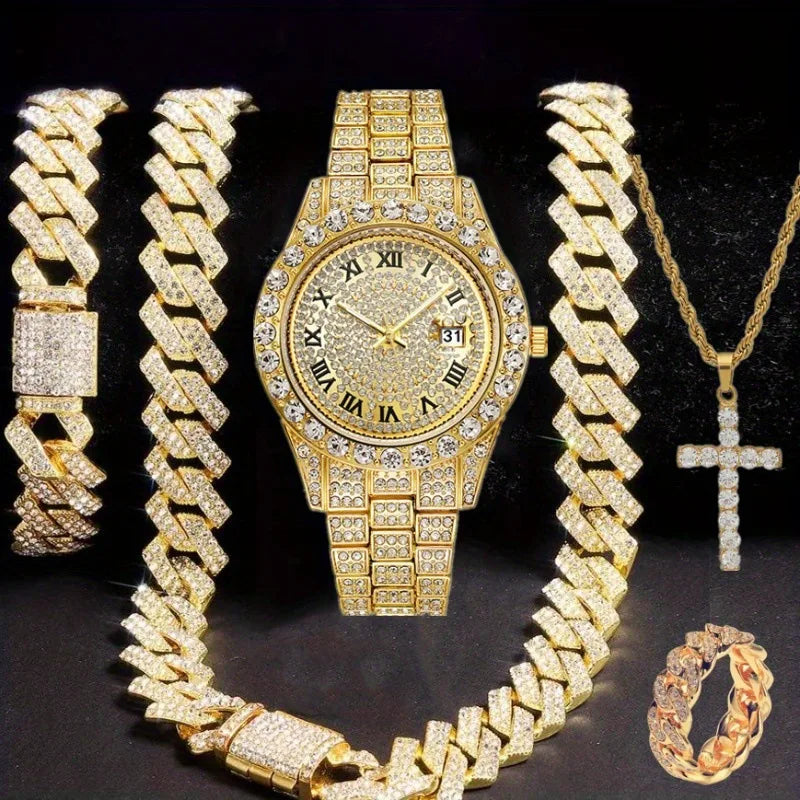 Men's Iced Out Cuban Chain Watch & Bracelet Jewelry Combo Jewelry Combo Set Qme