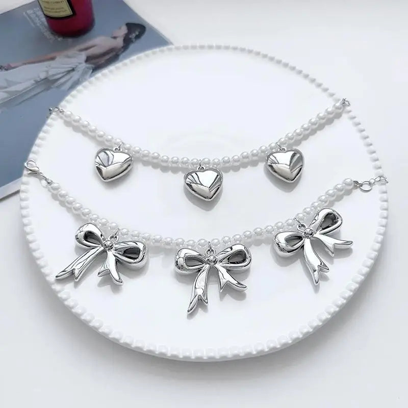Heart Bow Charm Anklet – Pearl Beaded Trouser Chain Charm Anklet Qme